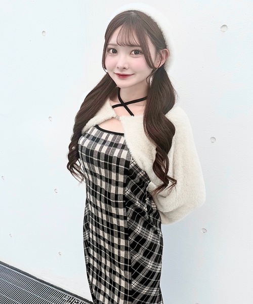 チェックの変形ワンピース♡ シャギーボレロロングチェックワンピース（ワンピース）｜NOMAE