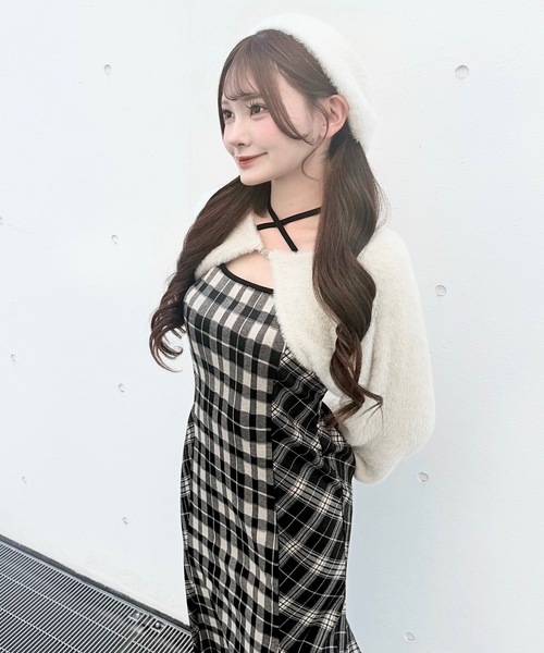 セール】シャギーボレロロングチェックワンピース（ワンピース