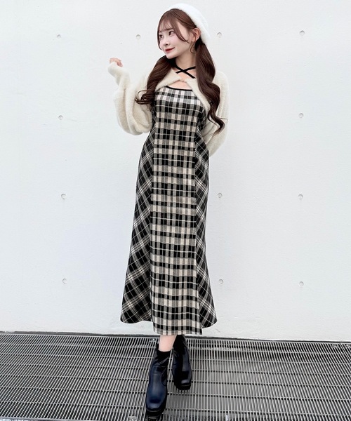 セール】シャギーボレロロングチェックワンピース（ワンピース