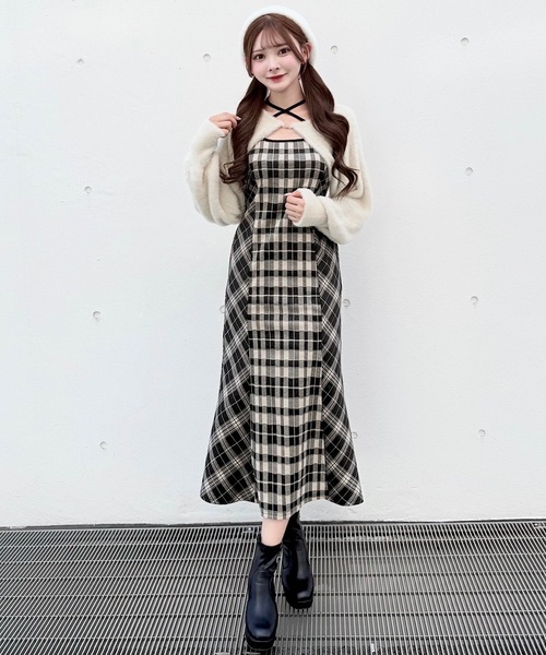 セール】シャギーボレロロングチェックワンピース（ワンピース