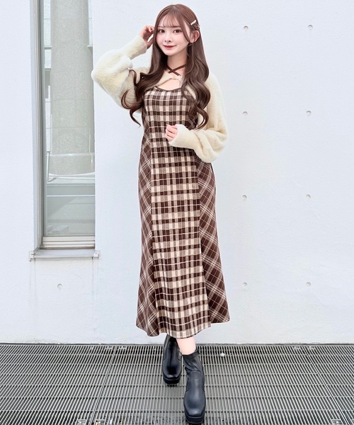 セール】シャギーボレロロングチェックワンピース（ワンピース