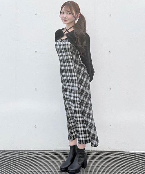 セール】シャギーボレロロングチェックワンピース（ワンピース