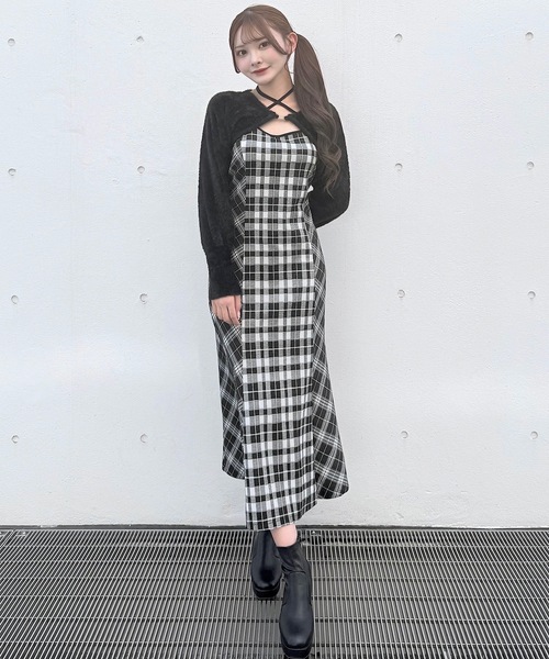 NOMAE シャギーボレロロングチェックワンピース セール】シャギーボレロロングチェックワンピース（ワンピース