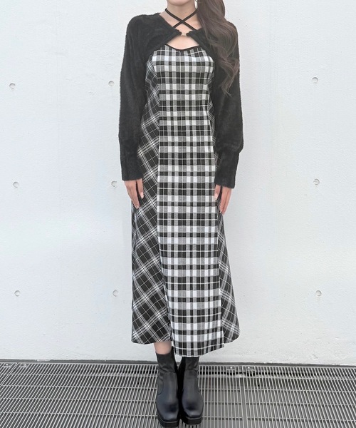 セール】シャギーボレロロングチェックワンピース（ワンピース