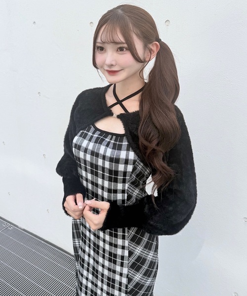 セール】シャギーボレロロングチェックワンピース（ワンピース