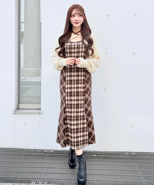 シャギーボレロロングチェックワンピース(ワンピース)|NOMAE シャギーボレロロングチェックワンピース(ワンピース)|NOMAE