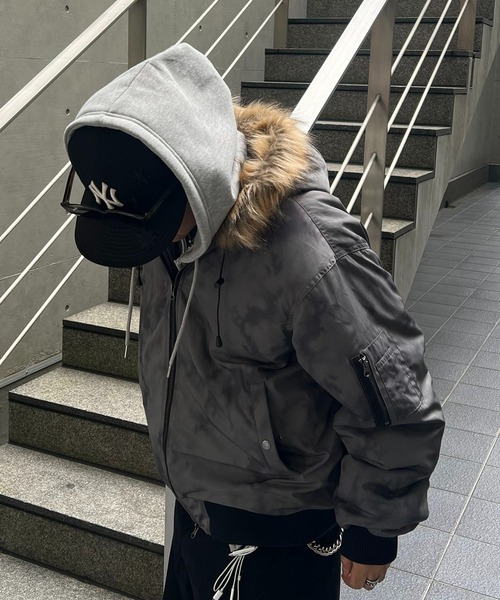 ILL'S（イルズ）の「N2-B ダブルジップナイロンブルゾン フードファー ジップフーディー ミリタリー メンズ レディース ユニセックス（ブルゾン・メンズ・グレー/カーキ/ブラック・L/M）」の9枚目の写真