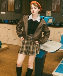 ダブルベルトチェックプリーツミニスカート