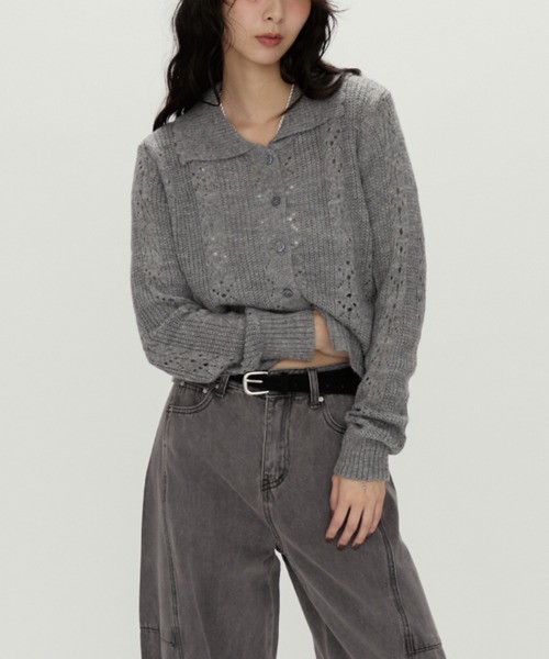 NUJOH（ヌゾ）の「Lace Knit Collar knit / レース編み襟付きニット（ニット/セーター・レディース・カーキ/チャコールグレー/グレー・FREE）」の18枚目の写真