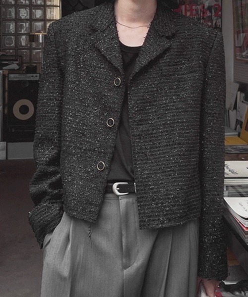 NOWLE】ラメツイード フリンジヘム ショート丈 テーラードジャケット
