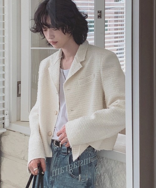 NOWLE（ノウル）の「【NOWLE】ラメツイード フリンジヘム ショート丈  テーラードジャケット（テーラードジャケット・メンズ・ブラック/ホワイト・LARGE/MEDIUM/X-LARGE）」の4枚目の写真