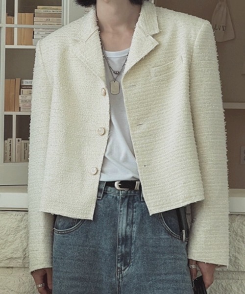 NOWLE（ノウル）の「【NOWLE】ラメツイード フリンジヘム ショート丈  テーラードジャケット（テーラードジャケット・メンズ・ブラック/ホワイト・LARGE/MEDIUM/X-LARGE）」の5枚目の写真