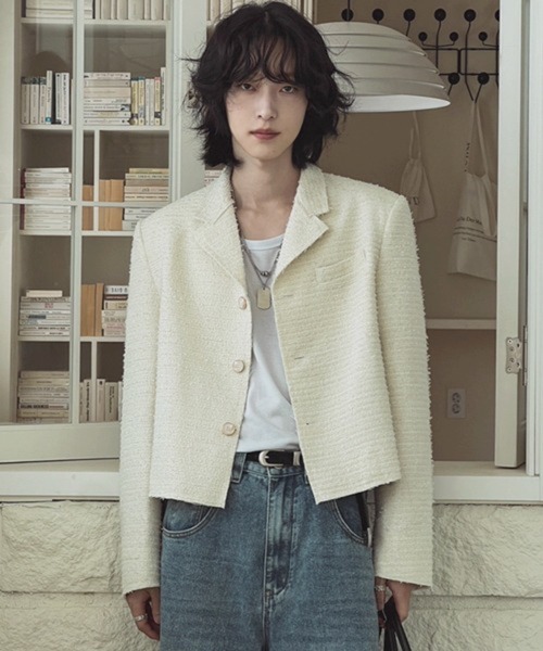 NOWLE（ノウル）の「【NOWLE】ラメツイード フリンジヘム ショート丈  テーラードジャケット（テーラードジャケット・メンズ・ブラック/ホワイト・LARGE/MEDIUM/X-LARGE）」の6枚目の写真