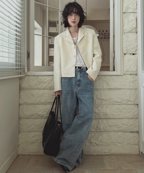 NOWLE（ノウル）の「【NOWLE】ラメツイード フリンジヘム ショート丈  テーラードジャケット（テーラードジャケット・メンズ・ブラック/ホワイト・LARGE/MEDIUM/X-LARGE）」の7枚目の写真