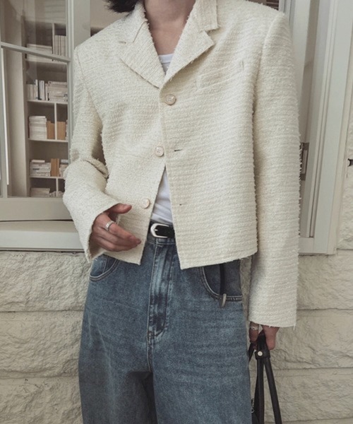 NOWLE（ノウル）の「【NOWLE】ラメツイード フリンジヘム ショート丈  テーラードジャケット（テーラードジャケット・メンズ・ブラック/ホワイト・LARGE/MEDIUM/X-LARGE）」の8枚目の写真