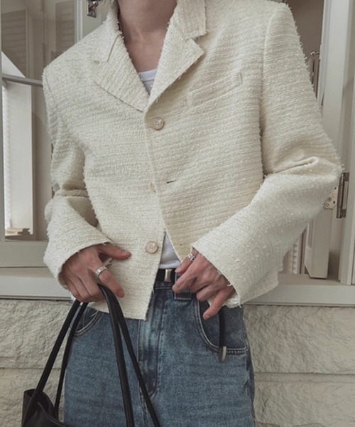 NOWLE（ノウル）の「【NOWLE】ラメツイード フリンジヘム ショート丈  テーラードジャケット（テーラードジャケット・メンズ・ブラック/ホワイト・LARGE/MEDIUM/X-LARGE）」の9枚目の写真