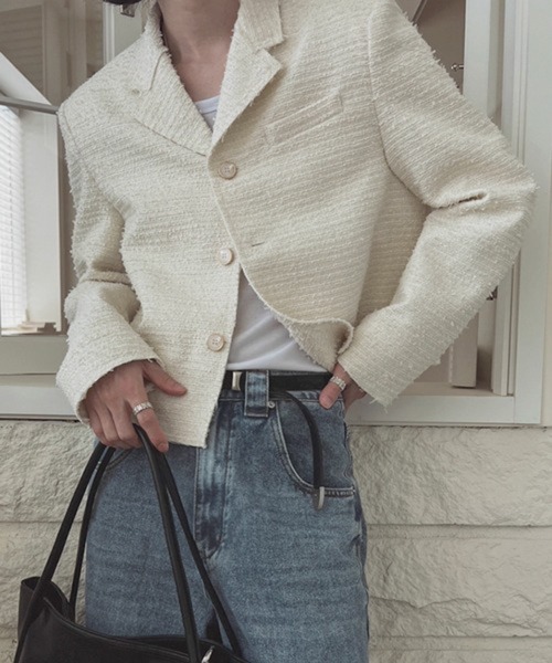 NOWLE（ノウル）の「【NOWLE】ラメツイード フリンジヘム ショート丈  テーラードジャケット（テーラードジャケット・メンズ・ブラック/ホワイト・LARGE/MEDIUM/X-LARGE）」の10枚目の写真