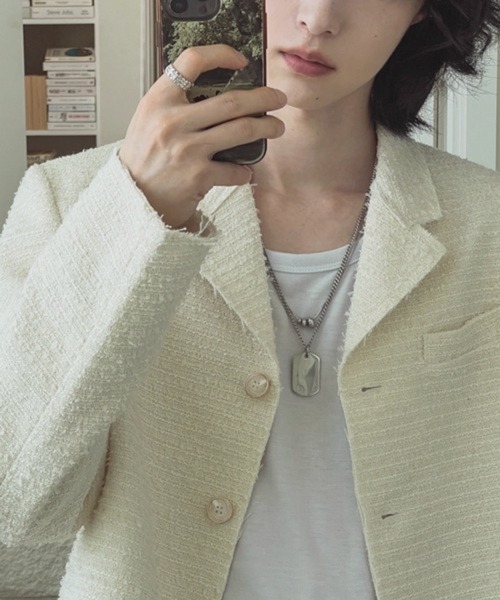 NOWLE（ノウル）の「【NOWLE】ラメツイード フリンジヘム ショート丈  テーラードジャケット（テーラードジャケット・メンズ・ブラック/ホワイト・LARGE/MEDIUM/X-LARGE）」の12枚目の写真