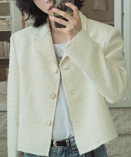 NOWLE（ノウル）の「【NOWLE】ラメツイード フリンジヘム ショート丈  テーラードジャケット（テーラードジャケット・メンズ・ブラック/ホワイト・LARGE/MEDIUM/X-LARGE）」の13枚目の写真