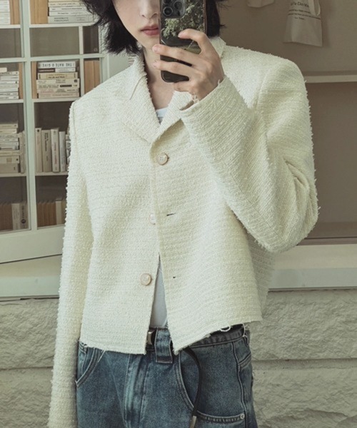 NOWLE（ノウル）の「【NOWLE】ラメツイード フリンジヘム ショート丈  テーラードジャケット（テーラードジャケット・メンズ・ブラック/ホワイト・LARGE/MEDIUM/X-LARGE）」の14枚目の写真