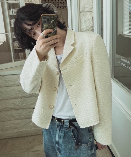 NOWLE（ノウル）の「【NOWLE】ラメツイード フリンジヘム ショート丈  テーラードジャケット（テーラードジャケット・メンズ・ブラック/ホワイト・LARGE/MEDIUM/X-LARGE）」の15枚目の写真