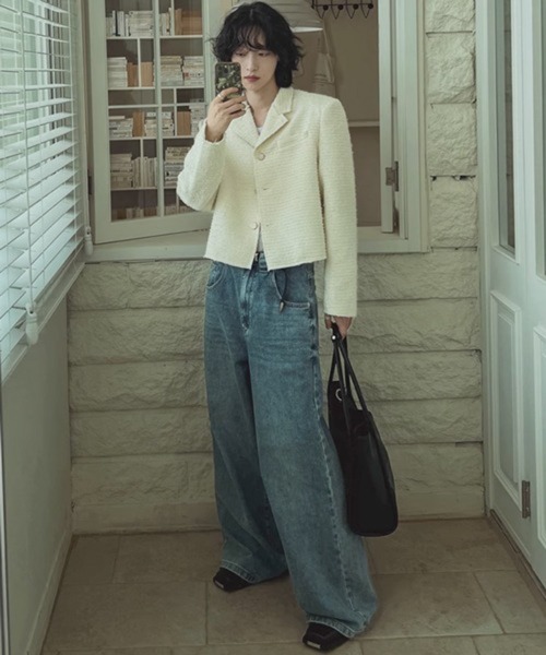 NOWLE（ノウル）の「【NOWLE】ラメツイード フリンジヘム ショート丈  テーラードジャケット（テーラードジャケット・メンズ・ブラック/ホワイト・LARGE/MEDIUM/X-LARGE）」の16枚目の写真