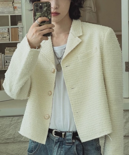 NOWLE（ノウル）の「【NOWLE】ラメツイード フリンジヘム ショート丈  テーラードジャケット（テーラードジャケット・メンズ・ブラック/ホワイト・LARGE/MEDIUM/X-LARGE）」の17枚目の写真