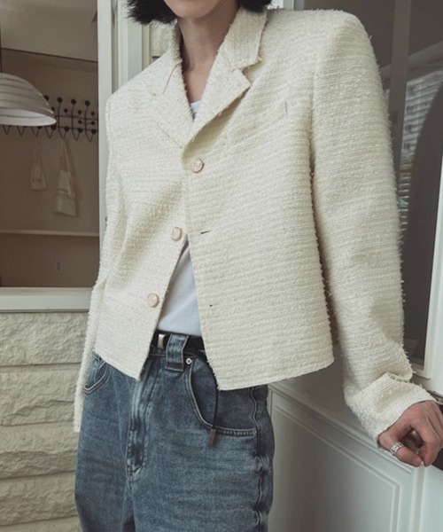 NOWLE（ノウル）の「【NOWLE】ラメツイード フリンジヘム ショート丈  テーラードジャケット（テーラードジャケット・メンズ・ブラック/ホワイト・LARGE/MEDIUM/X-LARGE）」の20枚目の写真