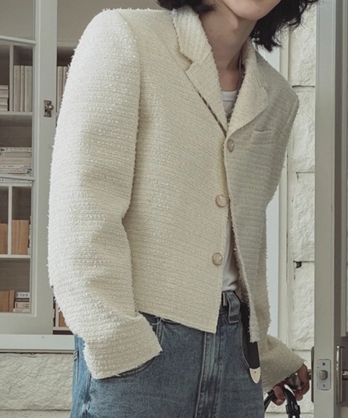 NOWLE（ノウル）の「【NOWLE】ラメツイード フリンジヘム ショート丈  テーラードジャケット（テーラードジャケット・メンズ・ブラック/ホワイト・LARGE/MEDIUM/X-LARGE）」の21枚目の写真