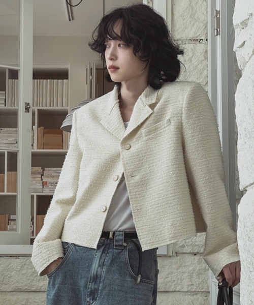 NOWLE（ノウル）の「【NOWLE】ラメツイード フリンジヘム ショート丈  テーラードジャケット（テーラードジャケット・メンズ・ブラック/ホワイト・LARGE/MEDIUM/X-LARGE）」の22枚目の写真