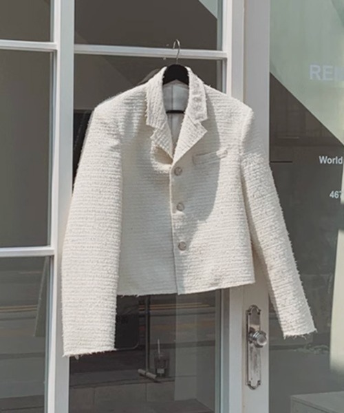 NOWLE（ノウル）の「【NOWLE】ラメツイード フリンジヘム ショート丈  テーラードジャケット（テーラードジャケット・メンズ・ブラック/ホワイト・LARGE/MEDIUM/X-LARGE）」の3枚目の写真