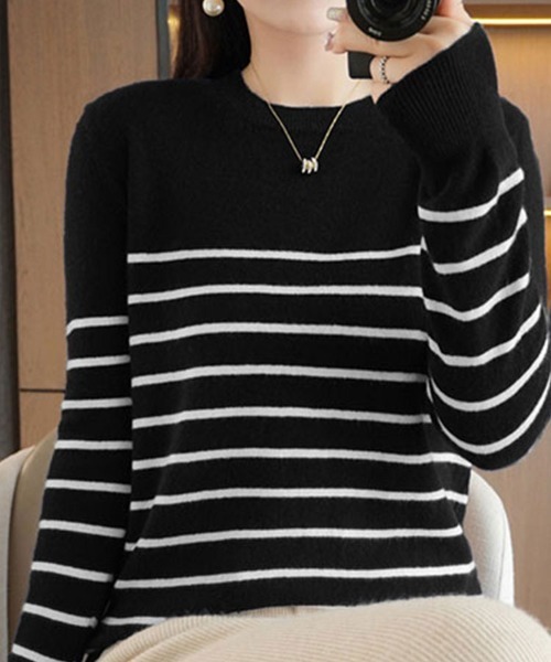 SallyLunn(サリーラン)の「クルーネックボーダートップス(Tシャツ/カットソー・レディース・ブラック/ホワイト/ネイビー・L/M)」の13枚目の写真