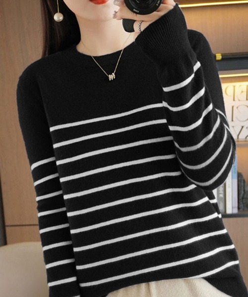 SallyLunn(サリーラン)の「クルーネックボーダートップス(Tシャツ/カットソー・レディース・ブラック/ホワイト/ネイビー・L/M)」の14枚目の写真