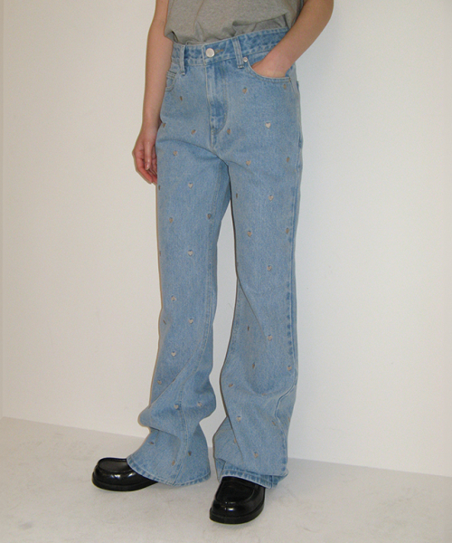 HEART EMBROIDERY BOOTSCUT DENIM PANTS LIGHT BLUE