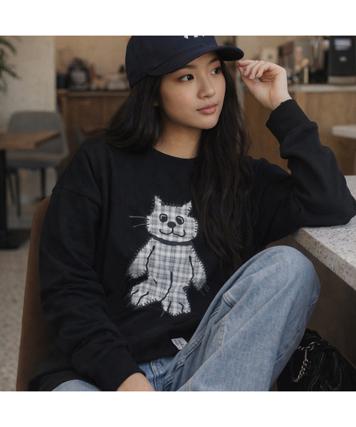 GRAVER（グレーバー）の「[ユニセックス]チェックキャットヴィンテージロングスリーブTシャツ_5カラー（Tシャツ/カットソー・レディース・スカイブルー/インディゴブルー/アイボリー/ホワイト/ブラック・MEDIUM/LARGE）」の3枚目の写真