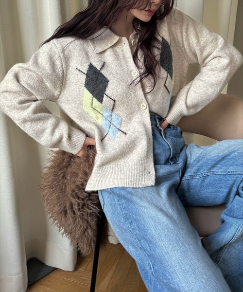 chic soft touch argyle knit cardigan（カーディガン/ボレロ