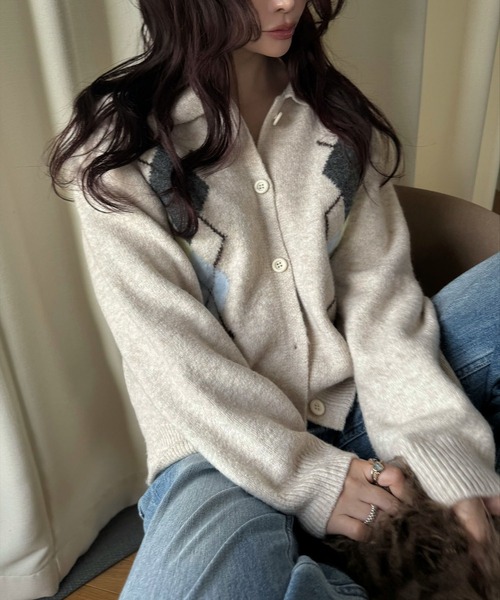 chic soft touch argyle knit cardigan（カーディガン/ボレロ