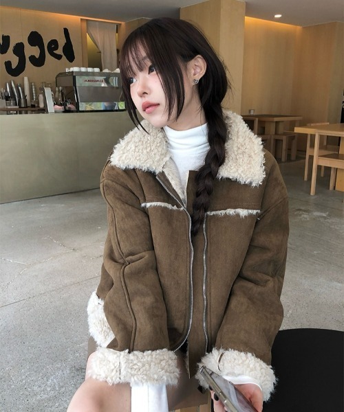 セール】ボア襟付きスエード調ムートンジャケット（その他アウター