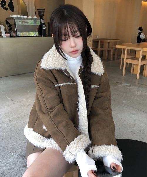 セール】ボア襟付きスエード調ムートンジャケット（その他アウター