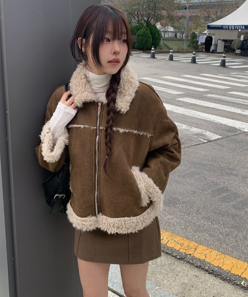 セール】ボア襟付きスエード調ムートンジャケット（その他アウター