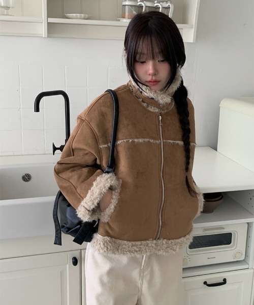 セール】ボア襟付きスエード調ムートンジャケット（その他アウター