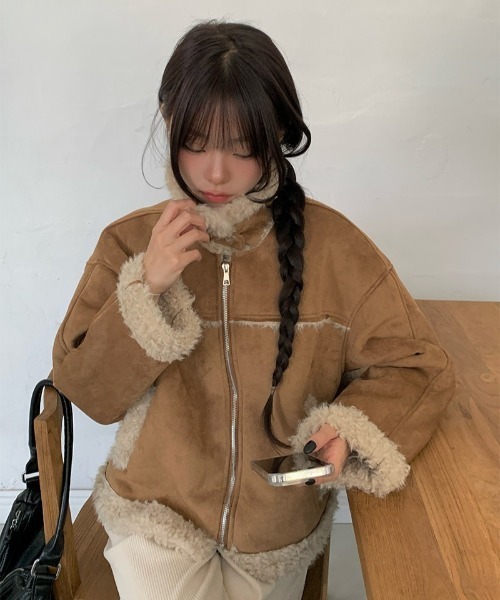 セール】ボア襟付きスエード調ムートンジャケット（その他アウター