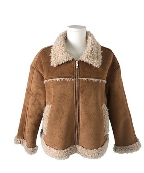 セール】ボア襟付きスエード調ムートンジャケット（その他アウター