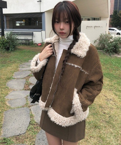 セール】ボア襟付きスエード調ムートンジャケット（その他アウター