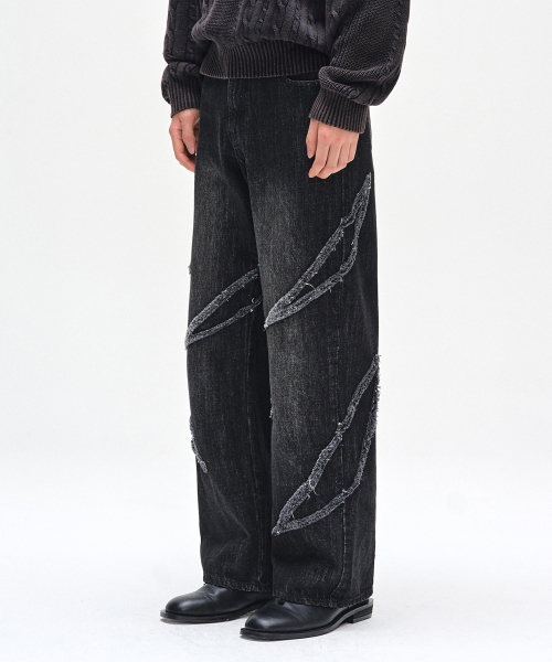 Fringe Applique Wide Jeans DCPT054BlackA