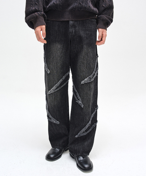 Fringe Applique Wide Jeans DCPT054BlackA
