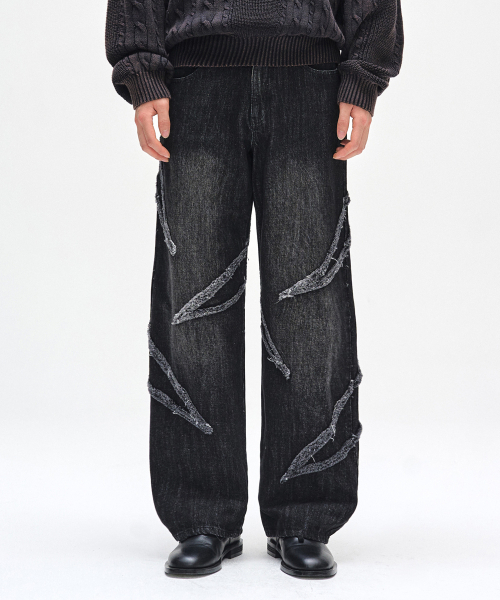 Fringe Applique Wide Jeans DCPT054BlackA