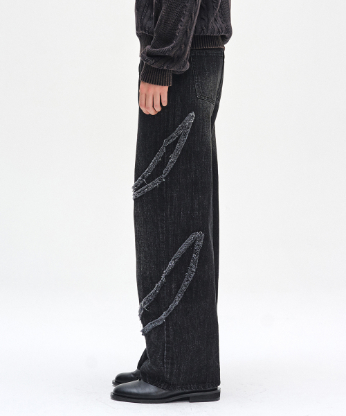 Fringe Applique Wide Jeans DCPT054BlackA