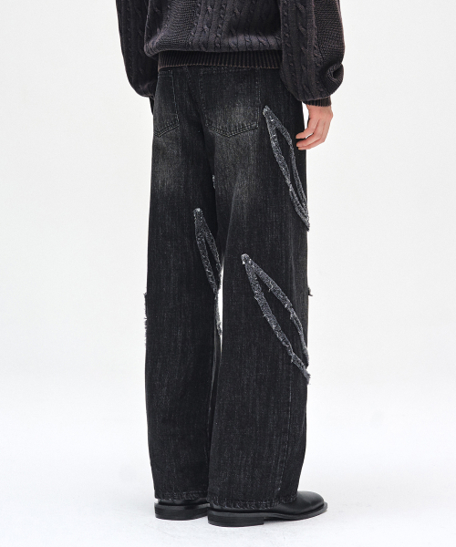 Fringe Applique Wide Jeans DCPT054BlackA