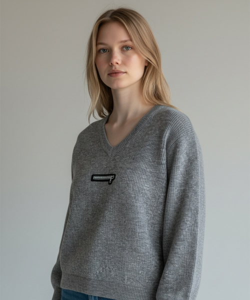 BORN SLIPPY(ボーンスリッピー)の「Muted Zip V-Neck Knit (Gray)(ニット/セーター・レディース・その他・FREE)」の3枚目の写真